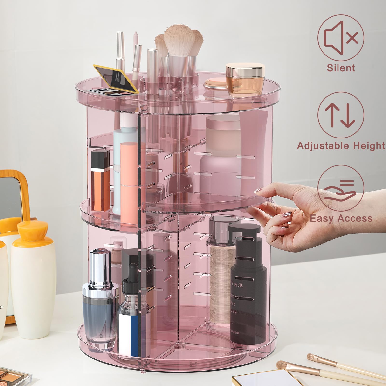 Jiavarry rotating makeup organizer close-up on brush holders and trays.
