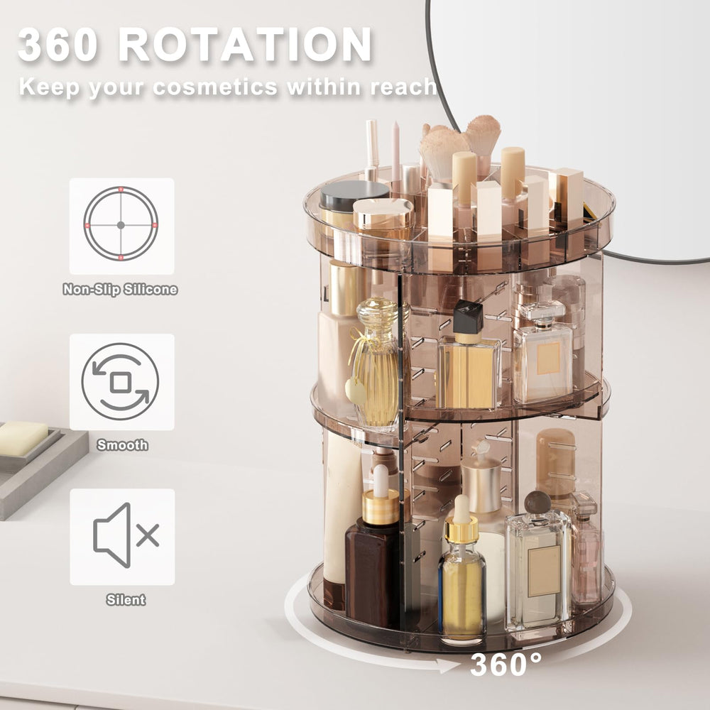 Jiavarry rotating makeup organizer dimensions show a 9 by 9 by 12.6 inch footprint