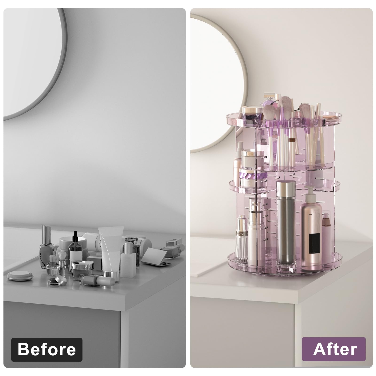 Jiavarry rotating makeup organizer nine compartments houses brushes, perfumes, polishes, and more.