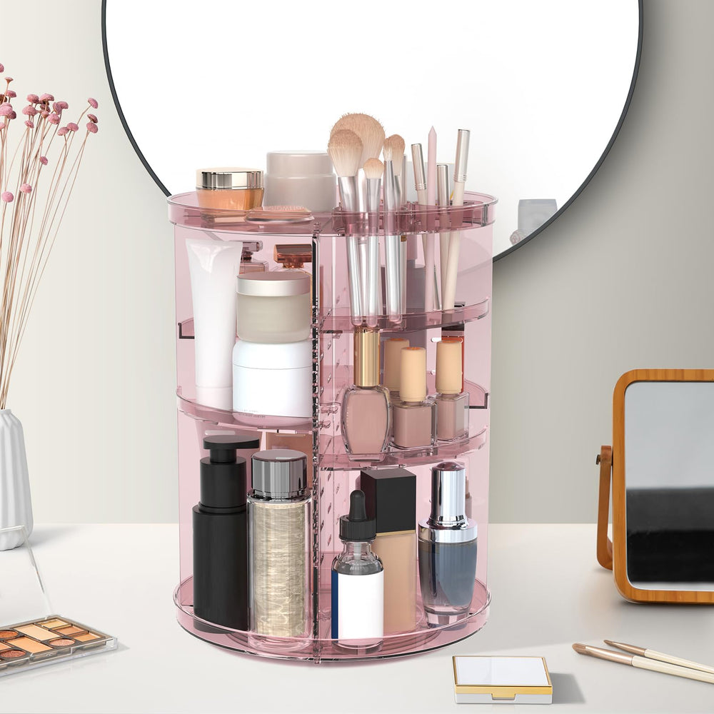 Jiavarry rotating makeup organizer side angle highlights adjustable height compartments.