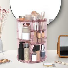Jiavarry rotating makeup organizer side angle highlights adjustable height compartments.