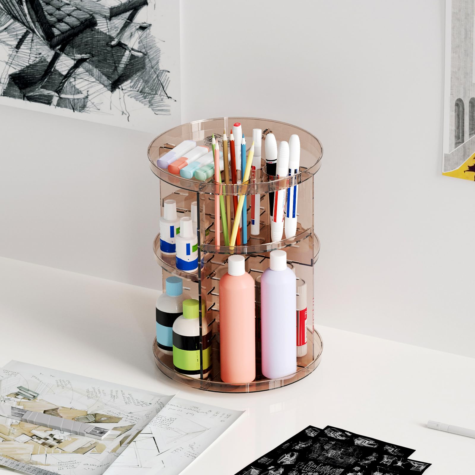 Jiavarry rotating makeup organizer side view shows compact footprint on countertops