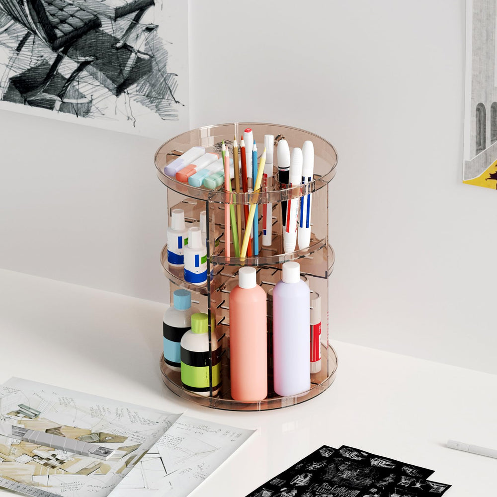 Jiavarry rotating makeup organizer side view shows compact footprint on countertops