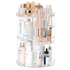 Jiavarry rotating makeup organizer top view showing accessible compartments for brushes and cosmetics.
