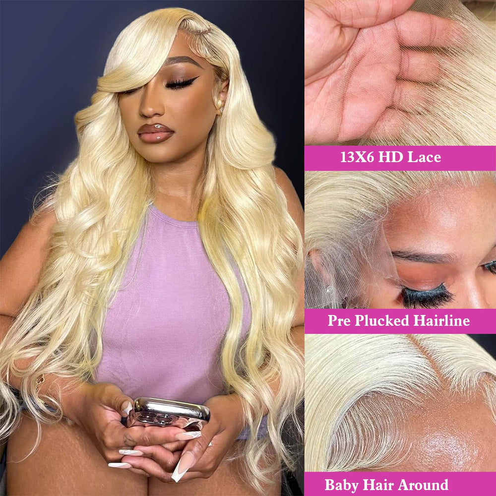 JIEDAOKOU 32inch blonde wig full-length on model demonstrates dramatic length and movement.