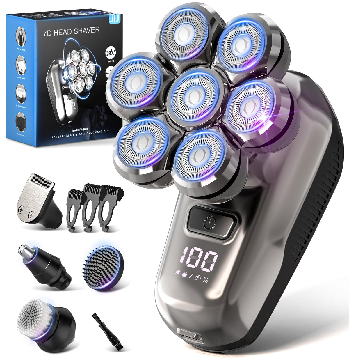 JIJ Head Shaver with 7D floating head contouring the scalp for a close shave.