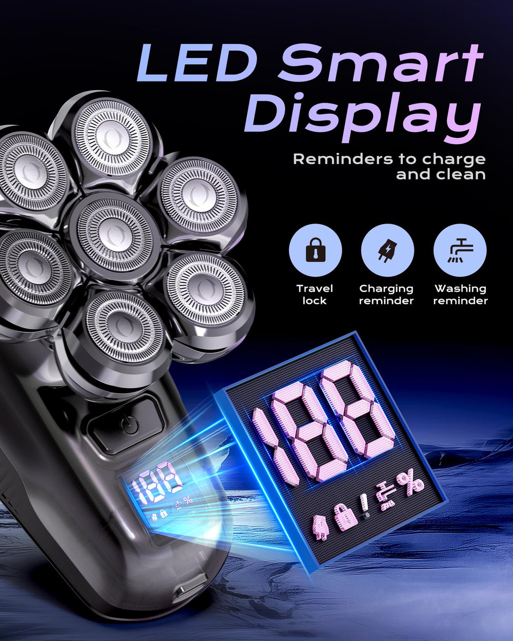 JIJ LED display shows battery life and alerts for maintenance.