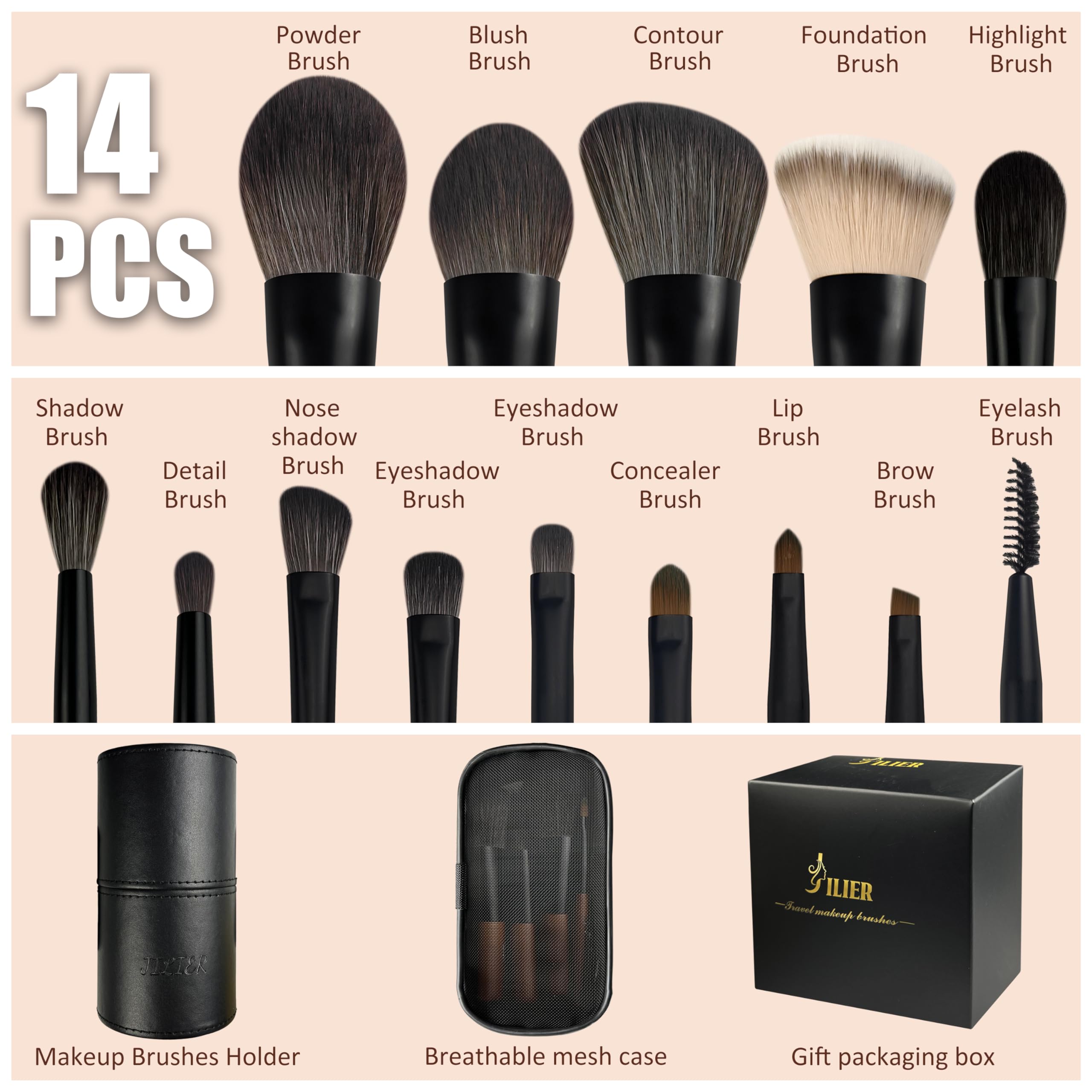 JILIER travel brush set with engraved handles for quick, organized use.