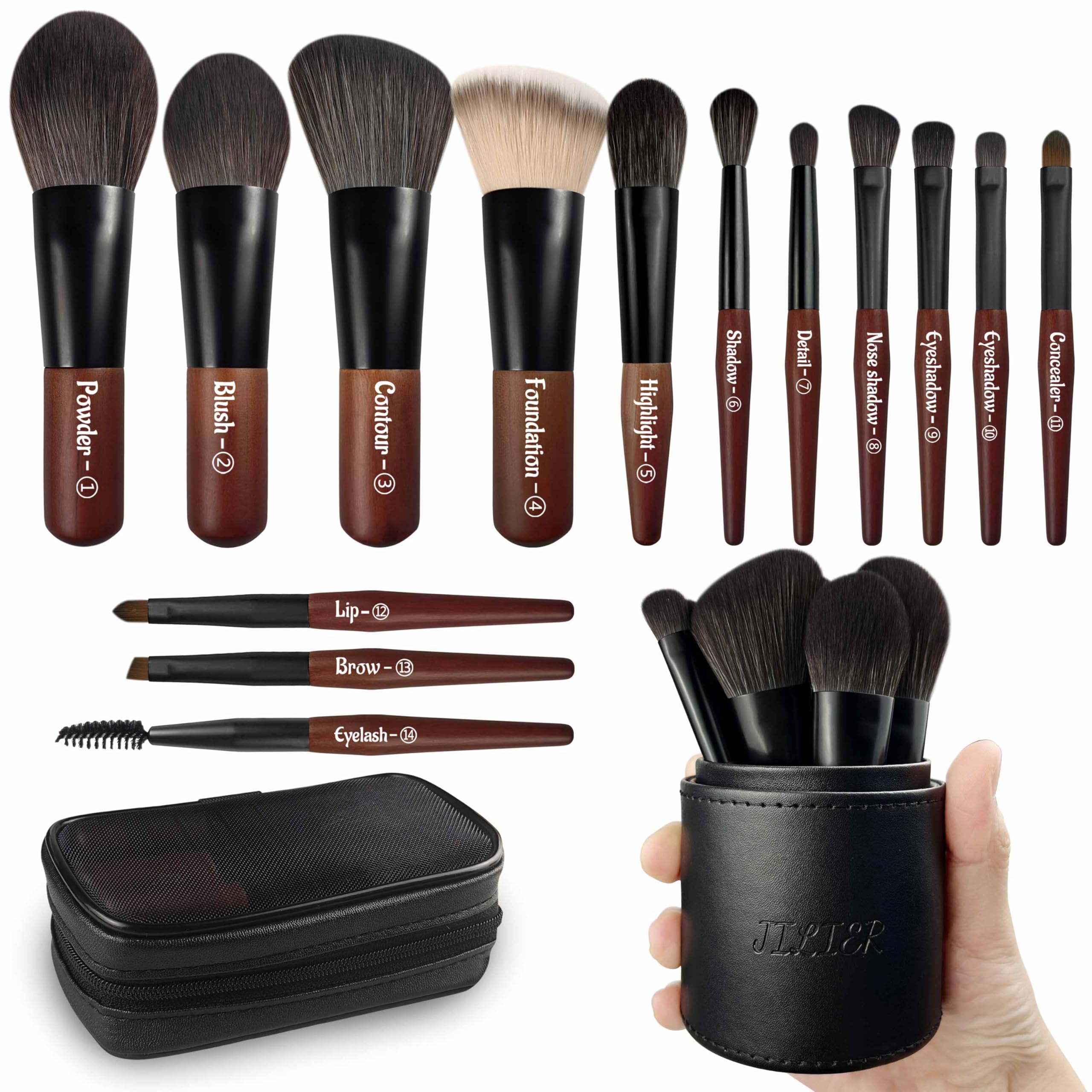 JILIER travel makeup brush set case open for on-the-go touch-ups.