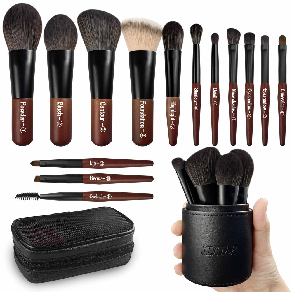 JILIER travel makeup brush set case open for on-the-go touch-ups.