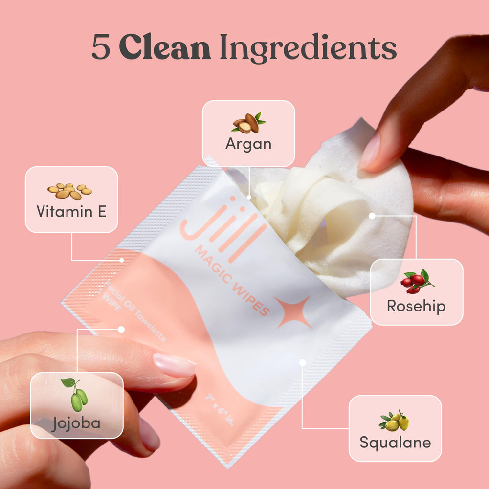 JILL Magic Wipes pre-shave step demonstrates quick skin prep for dermaplaning.