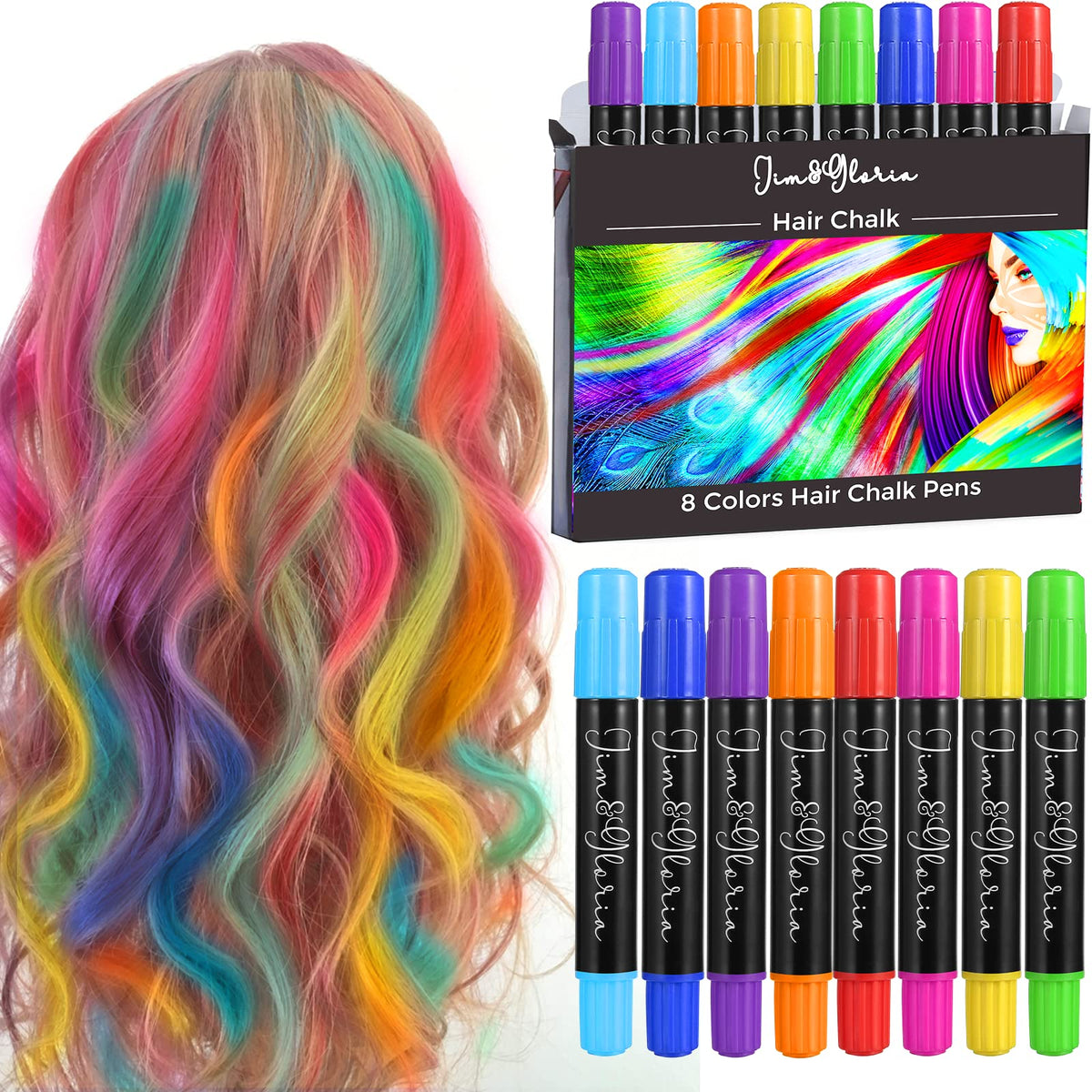 Jim&Gloria dustless hair chalk packaging shows eight vibrant colors for easy styling.