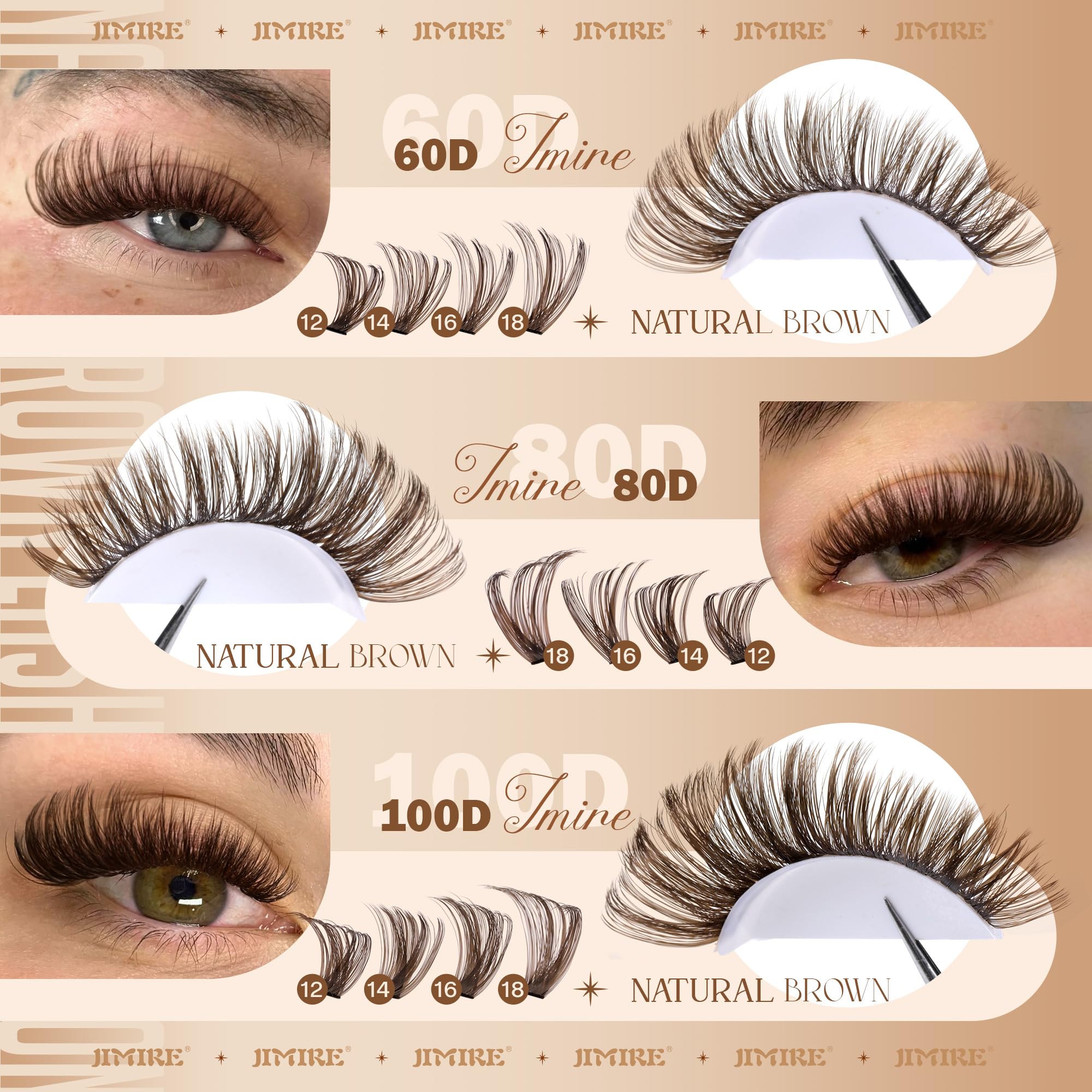 JIMIRE brown lash clusters crisscross effect enhances lash depth.