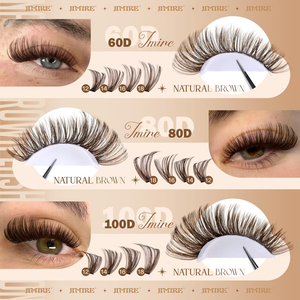 JIMIRE brown lash clusters crisscross effect enhances lash depth.