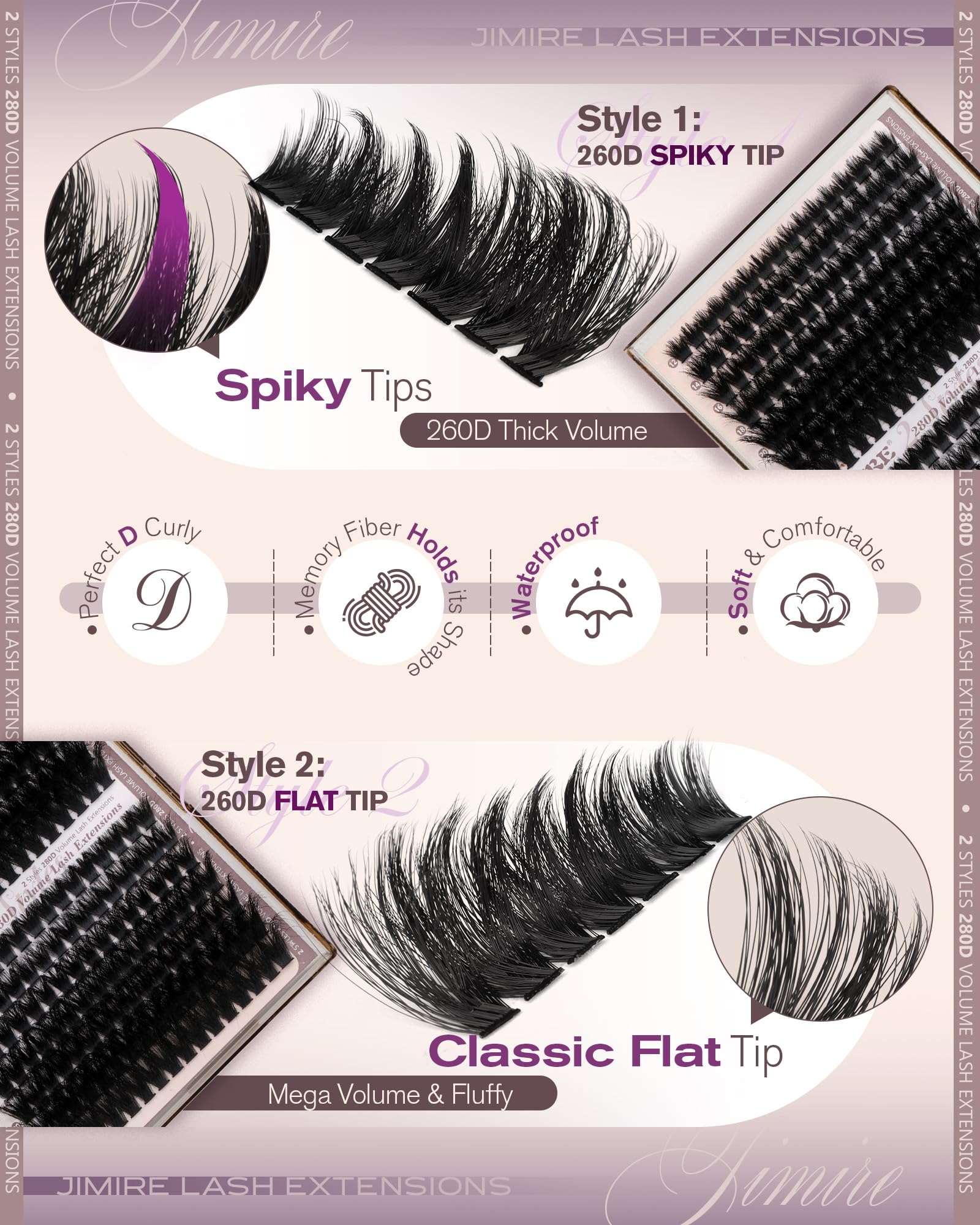 JIMIRE flat-tip fluffy clusters close-up highlight a seamless, mink-like finish.