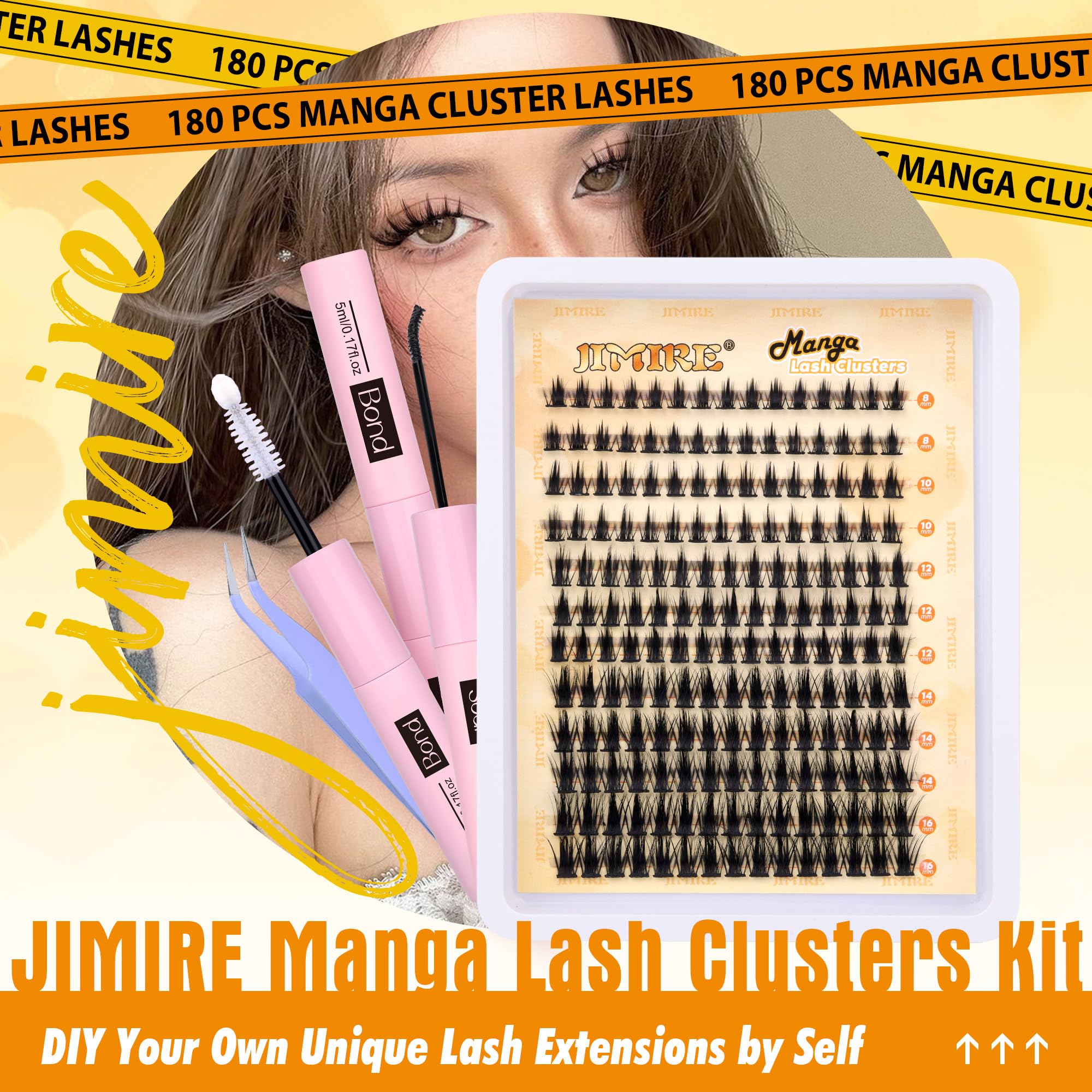 JIMIRE lash bond and seal bottle close-up highlights long lasting hold for at home styling
