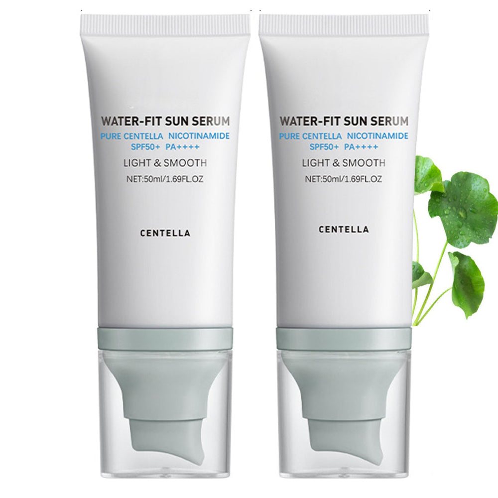 JISKG Centella Sunscreen 2pcs bottle closeup shows refreshing lightweight texture.