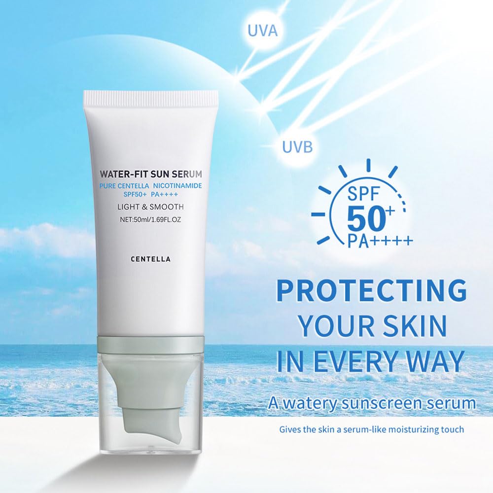 JISKG Centella sunscreen water-fit texture visible, highlighting hydration.