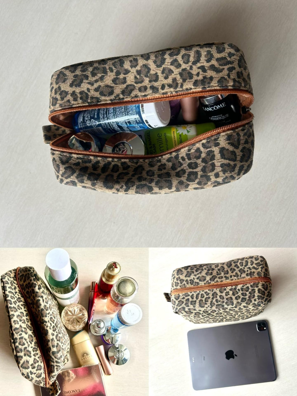 JIU HONG CHAO leopard cosmetic bag resting on a vanity for organized cosmetics