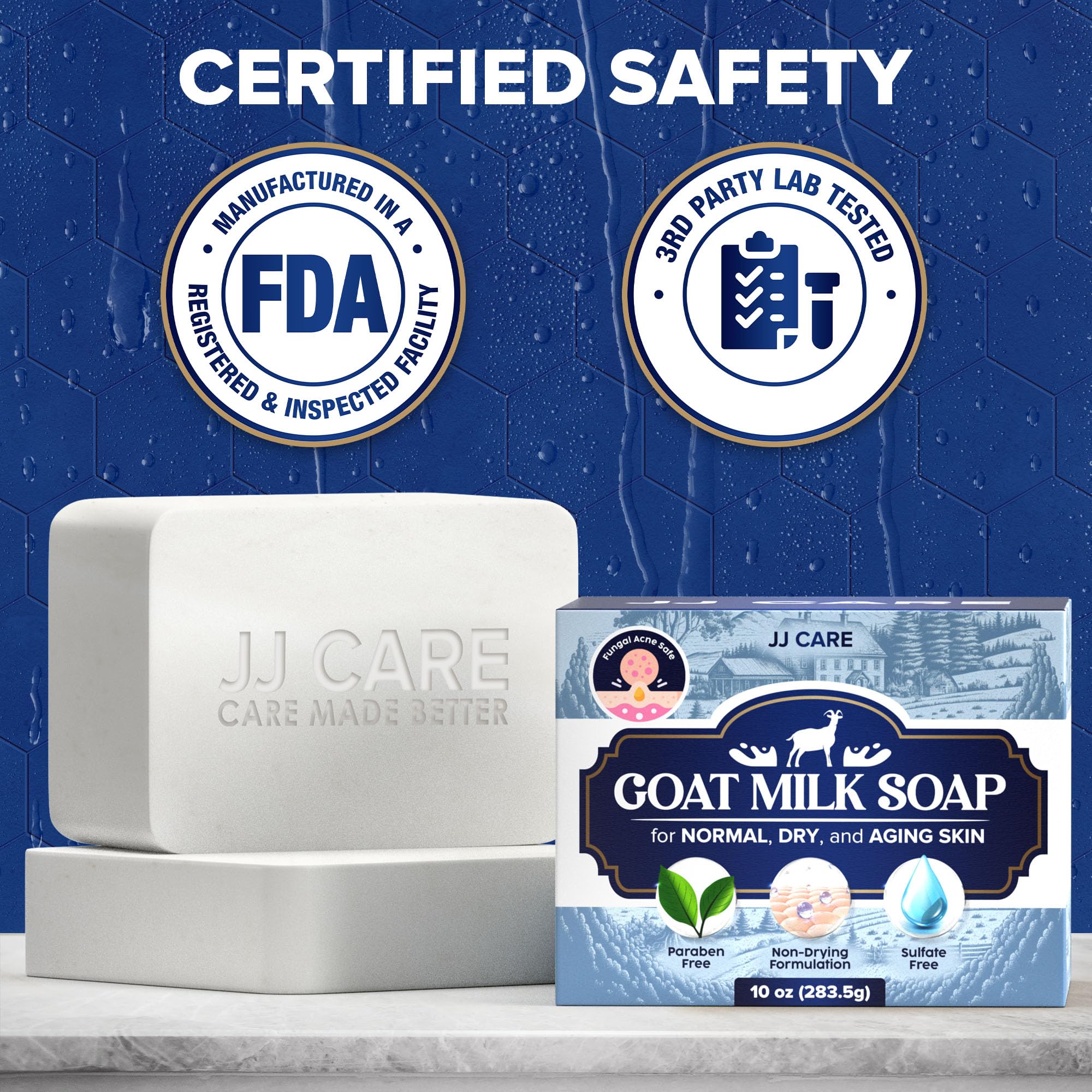 JJ CARE Goat Milk Soap aging skin glow image hints at subtle hydration for daily routines.