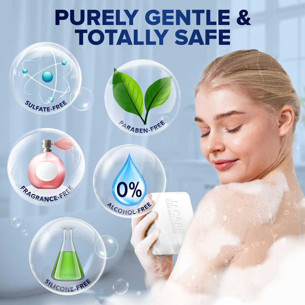 JJ CARE Goat Milk Soap on dry skin scenario demonstrates daily nourishment and gentle cleansing.
