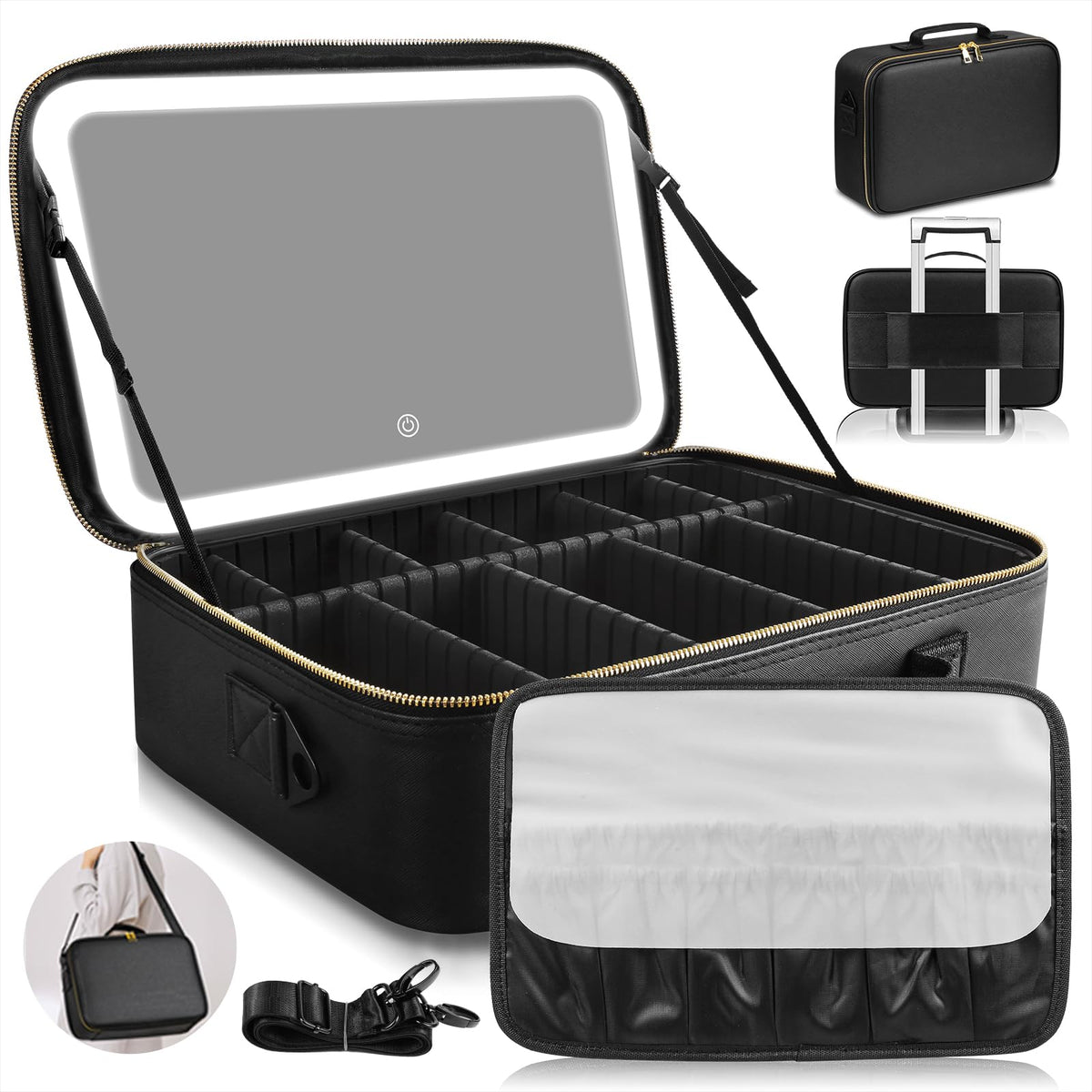 JJhxr large capacity makeup bag with LED mirror for travel organization