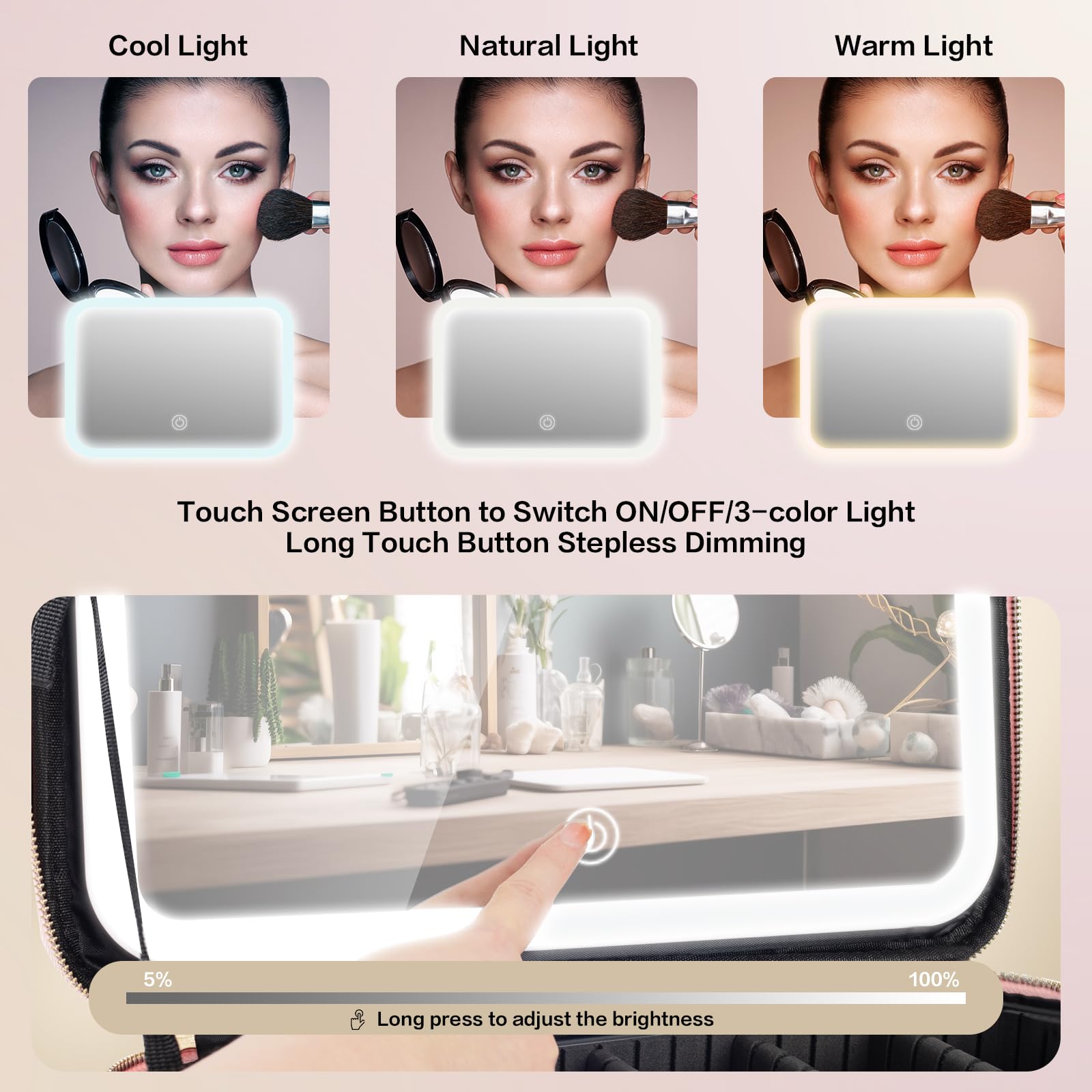 JJhxr LED mirror close-up highlighting color temperature options for precise makeup.