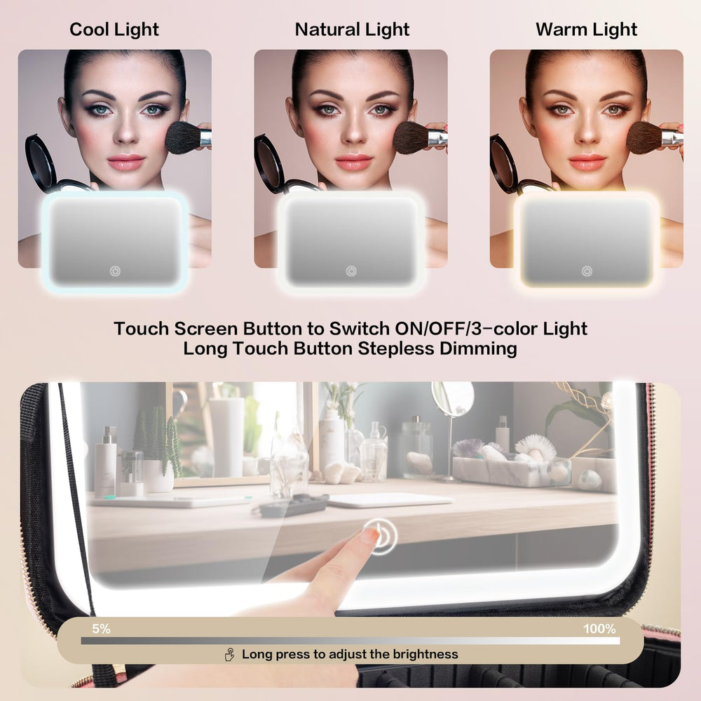 JJhxr LED mirror close-up highlighting color temperature options for precise makeup.