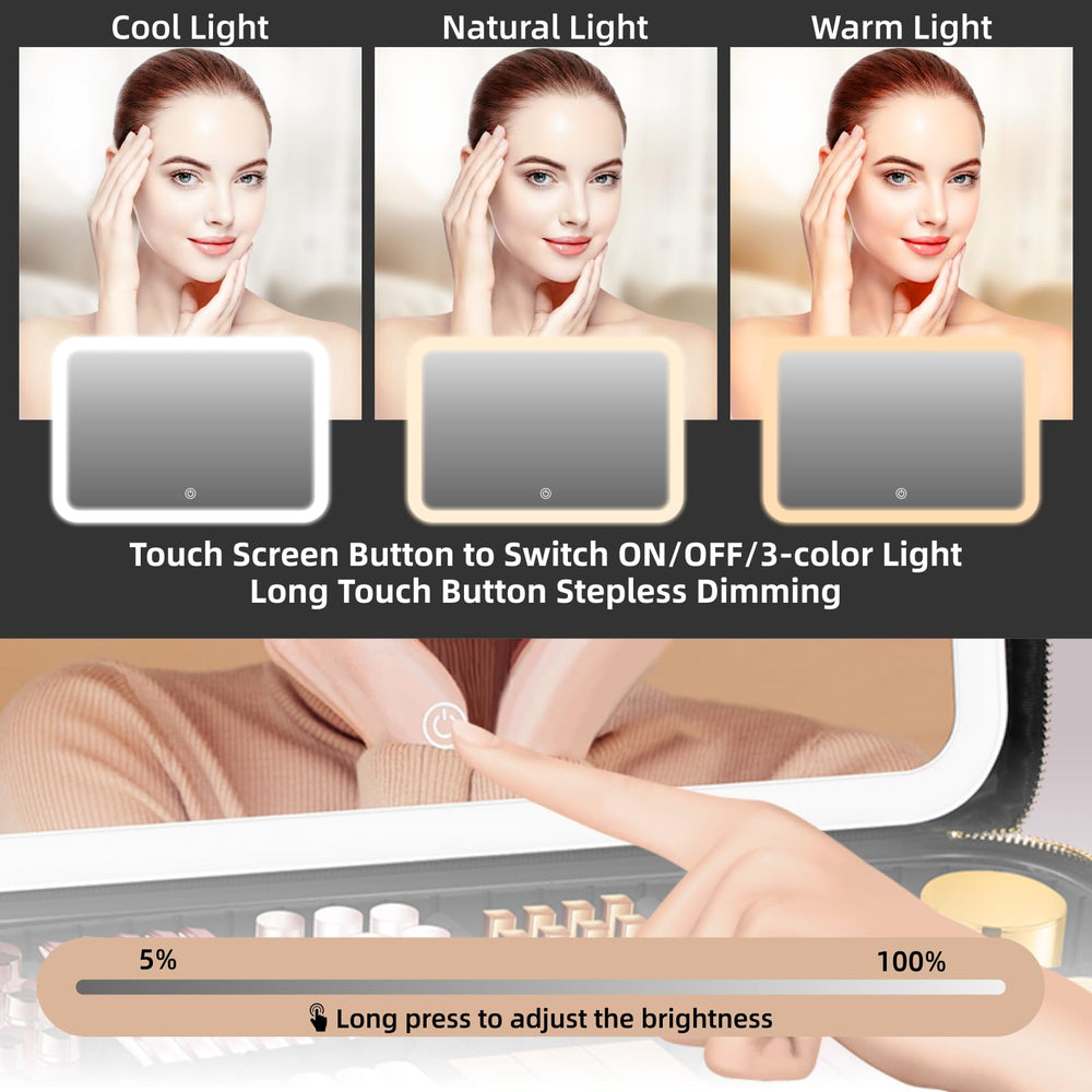 JJhxr makeup bag showing three light color settings for precise application