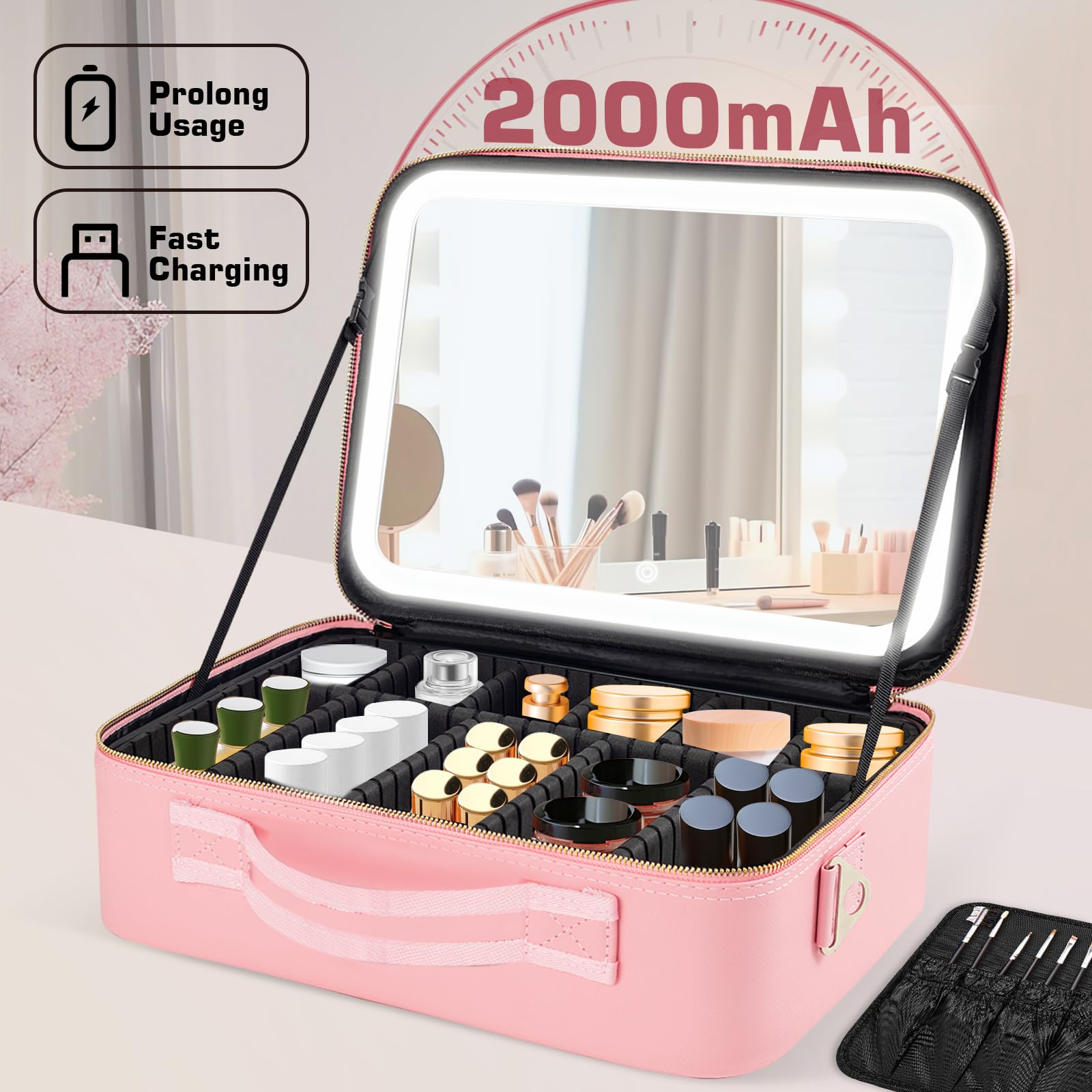 JJhxr makeup bag showcasing three light settings for different lighting.