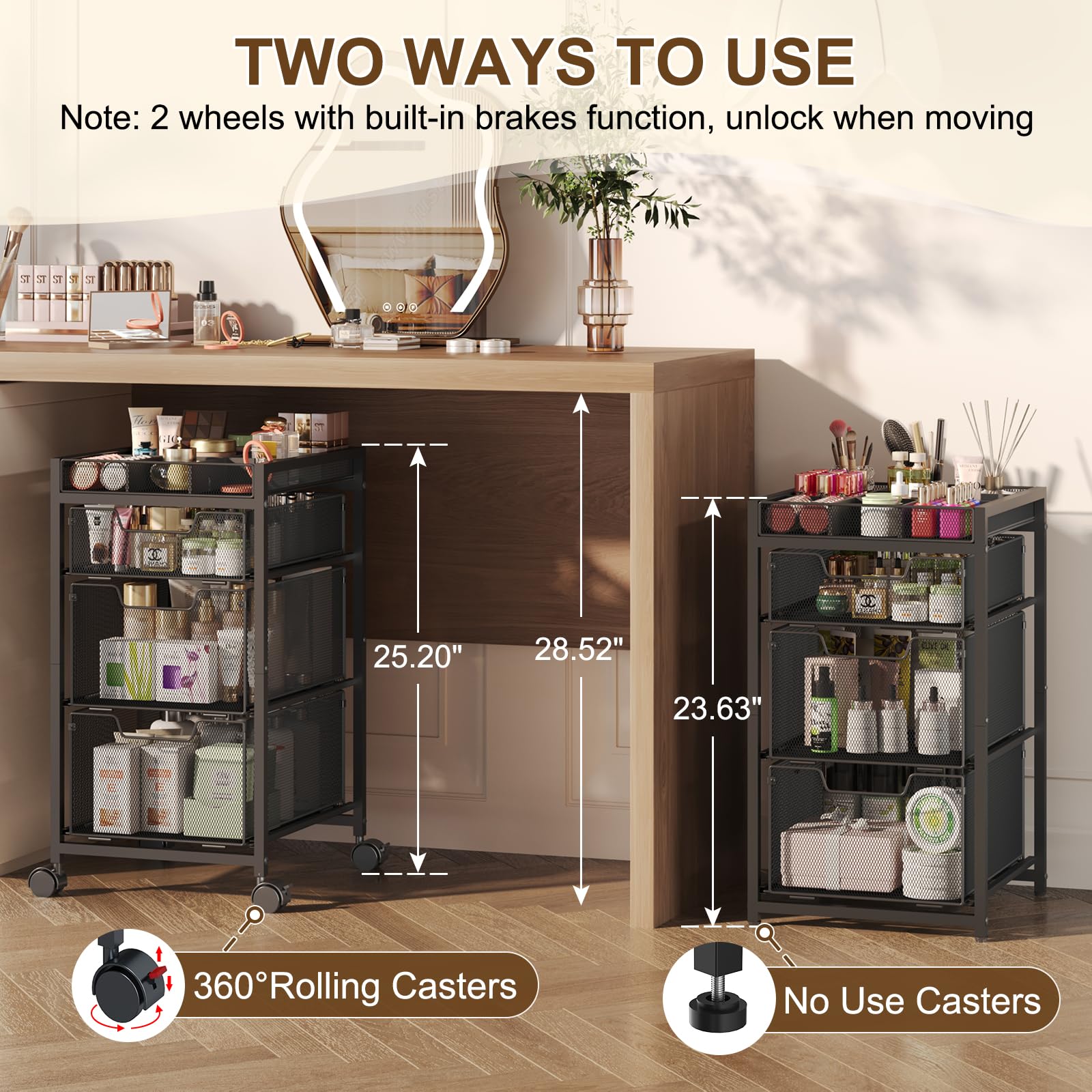 JKsmart rolling makeup cart drawer organization shows dividers helping keep brushes and lipsticks sorted