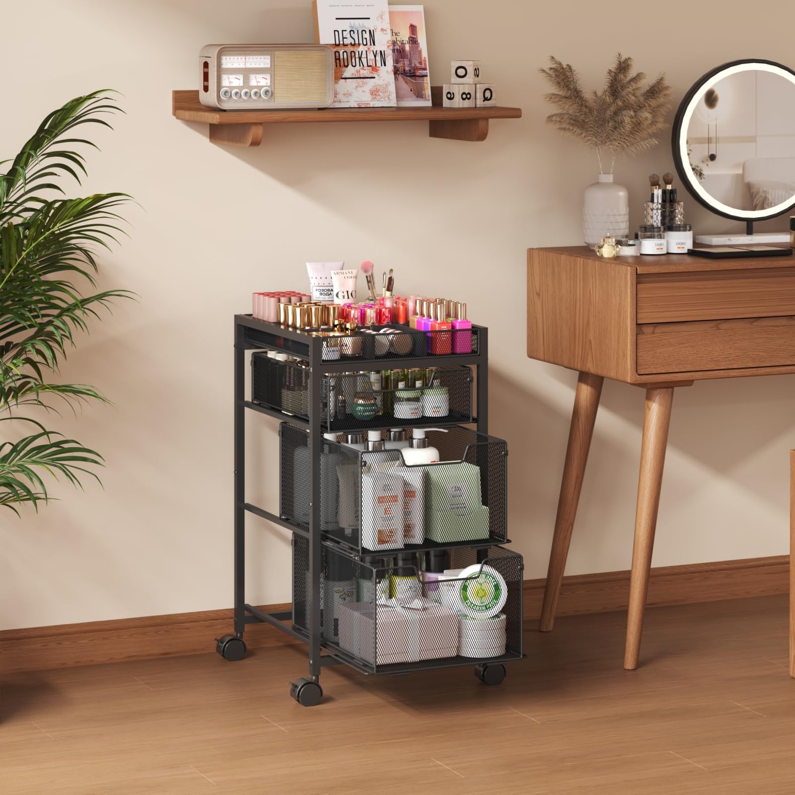 JKsmart rolling makeup cart side storage demonstrates spacious drawer organization for lotions and sprays