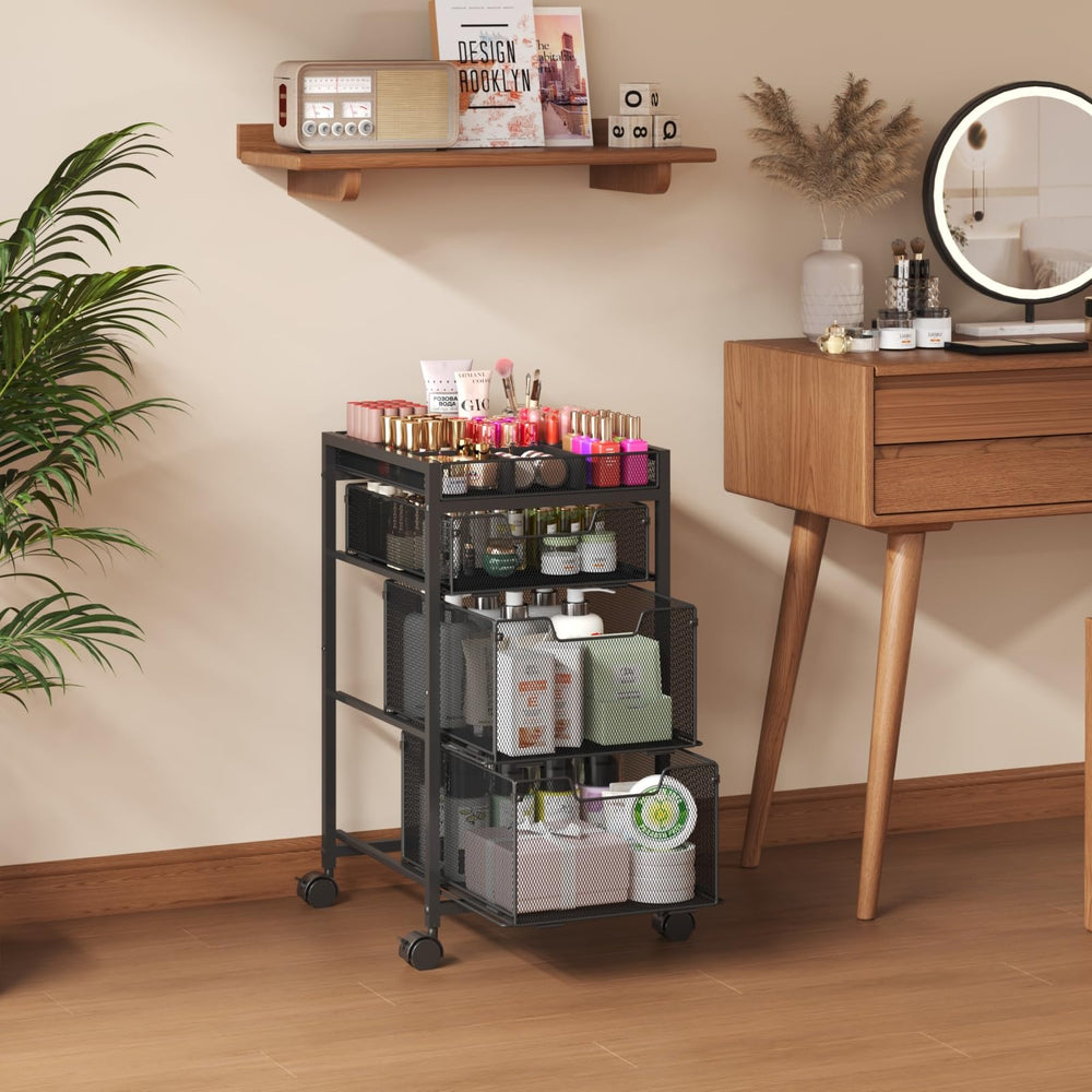 JKsmart rolling makeup cart side storage demonstrates spacious drawer organization for lotions and sprays