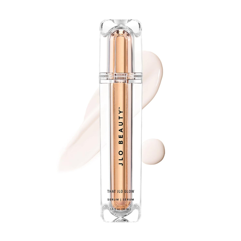 JLO BEAUTY Brightening Serum bottle demonstrates premium packaging for radiant routine