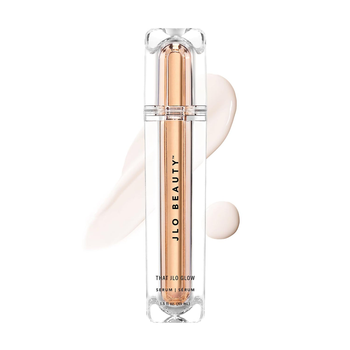 JLO BEAUTY Brightening Serum bottle demonstrates premium packaging for radiant routine