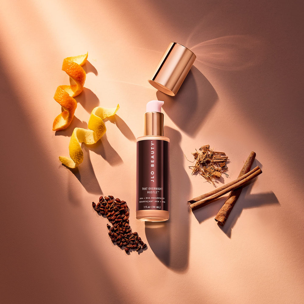 JLO Beauty fruit enzyme complex highlights brightening renewal and gentle exfoliation over time.