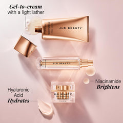 That JLO Glow Serum bottle highlighting tri-fermented formula for firmer, more radiant skin