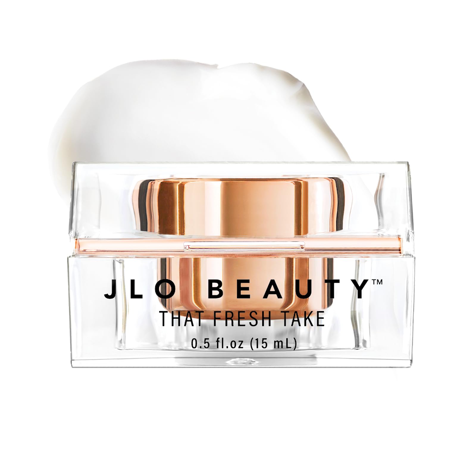JLO BEAUTY Under Eye Cream jar closeup highlighting hydrating formula for refreshed eyes.
