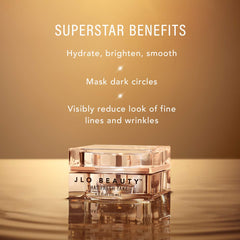 JLO BEAUTY Under Eye Cream texture swirl shows silky, quick absorption for delicate skin.