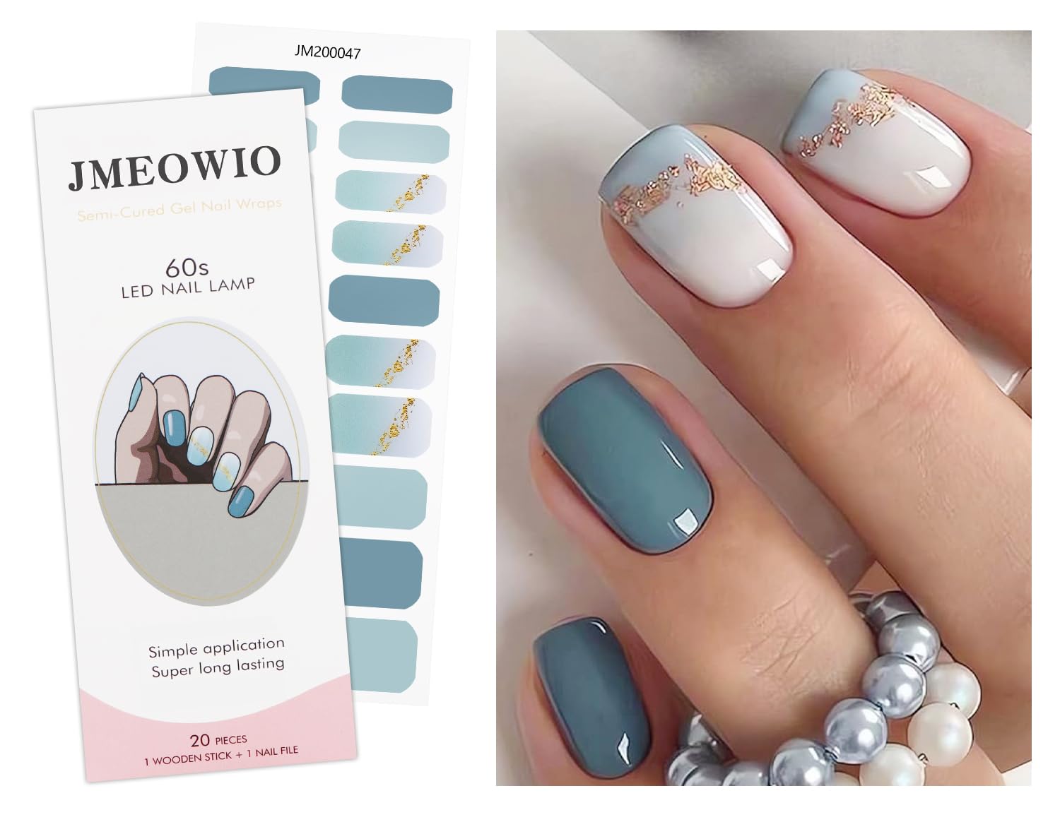 JMEOWIO gold glitter gradient blue nail stickers for at home salon quality nails