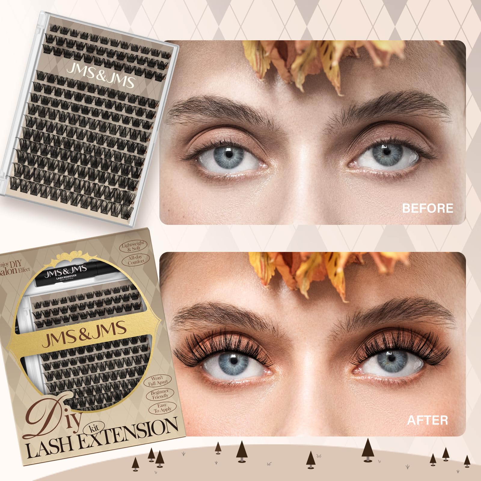 JMS&JMS Lash Clusters Kit opened to reveal lashes, glue, sealer and accessories.