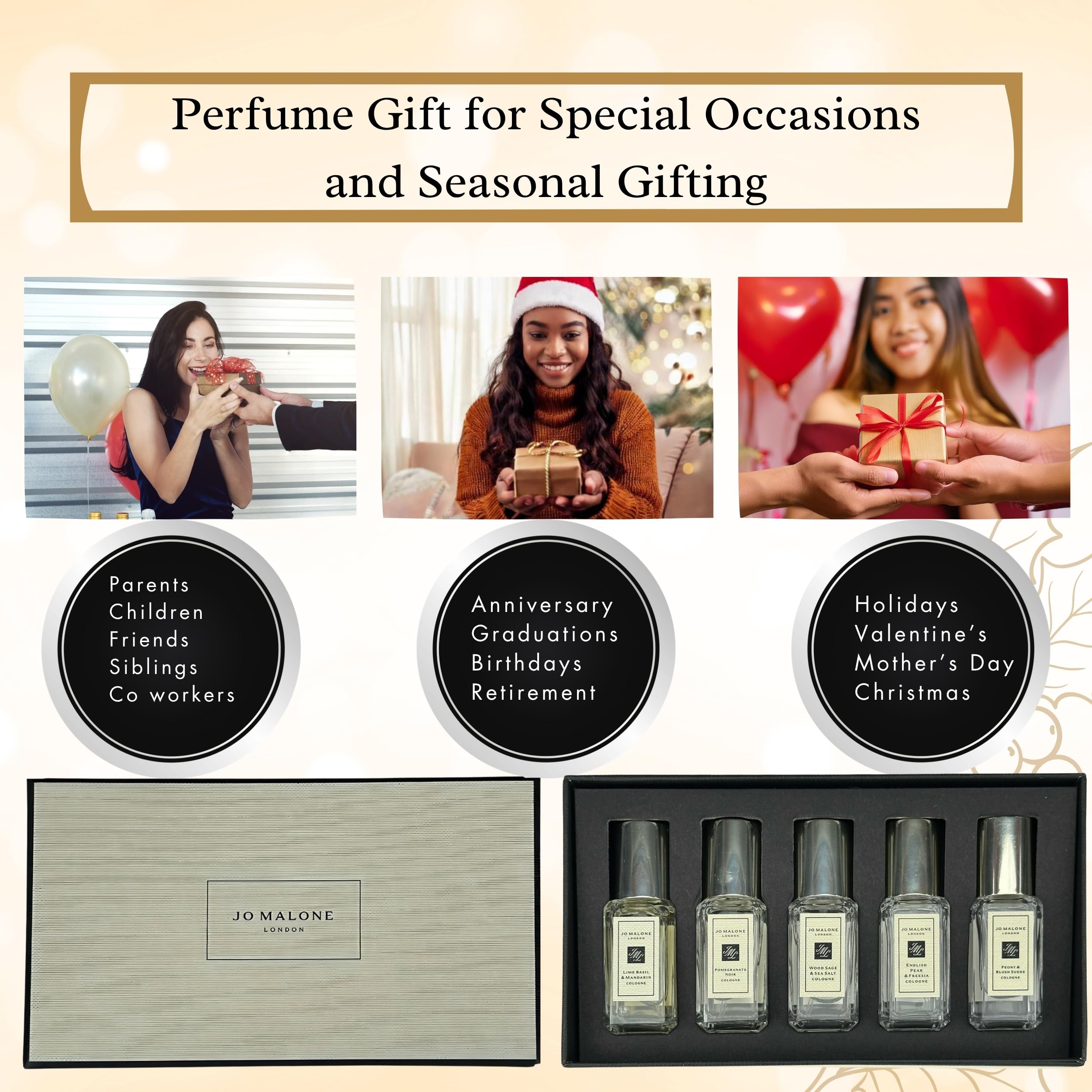 Jo Malone gift box arrangement showing five mini fragrances for gifting.