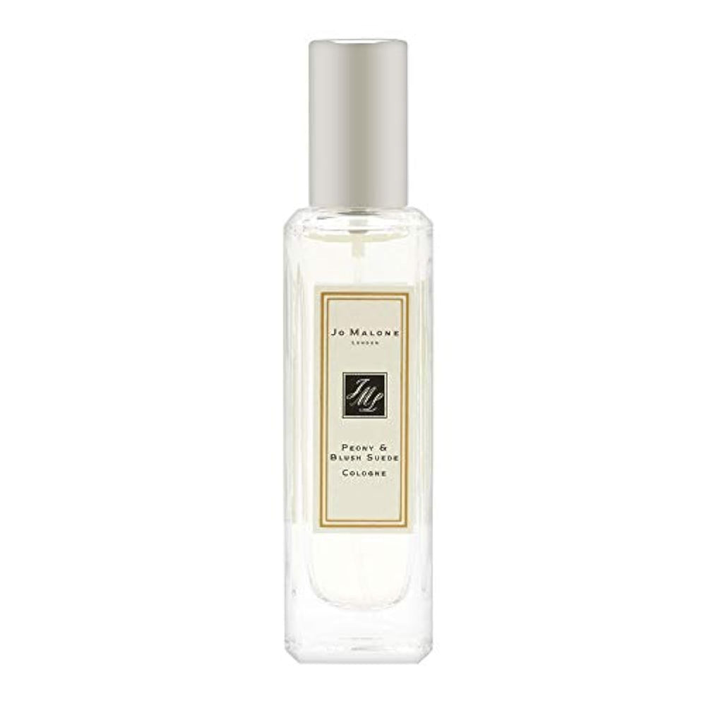 Jo Malone Peony & Blush Suede bottle front shows floral elegance for daytime wear.
