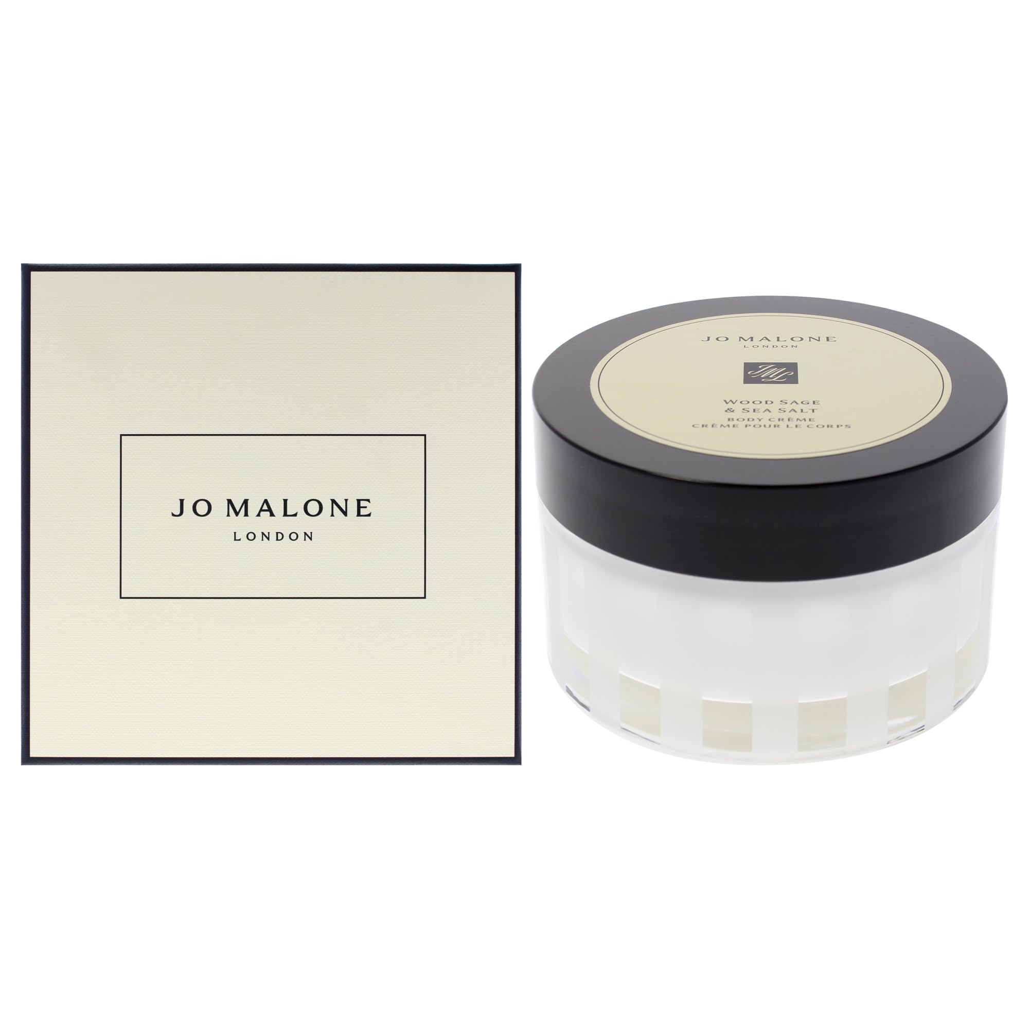 Jo Malone Wood Sage and Sea Salt Body Creme jar shows rich texture for nourishing skin after shower.