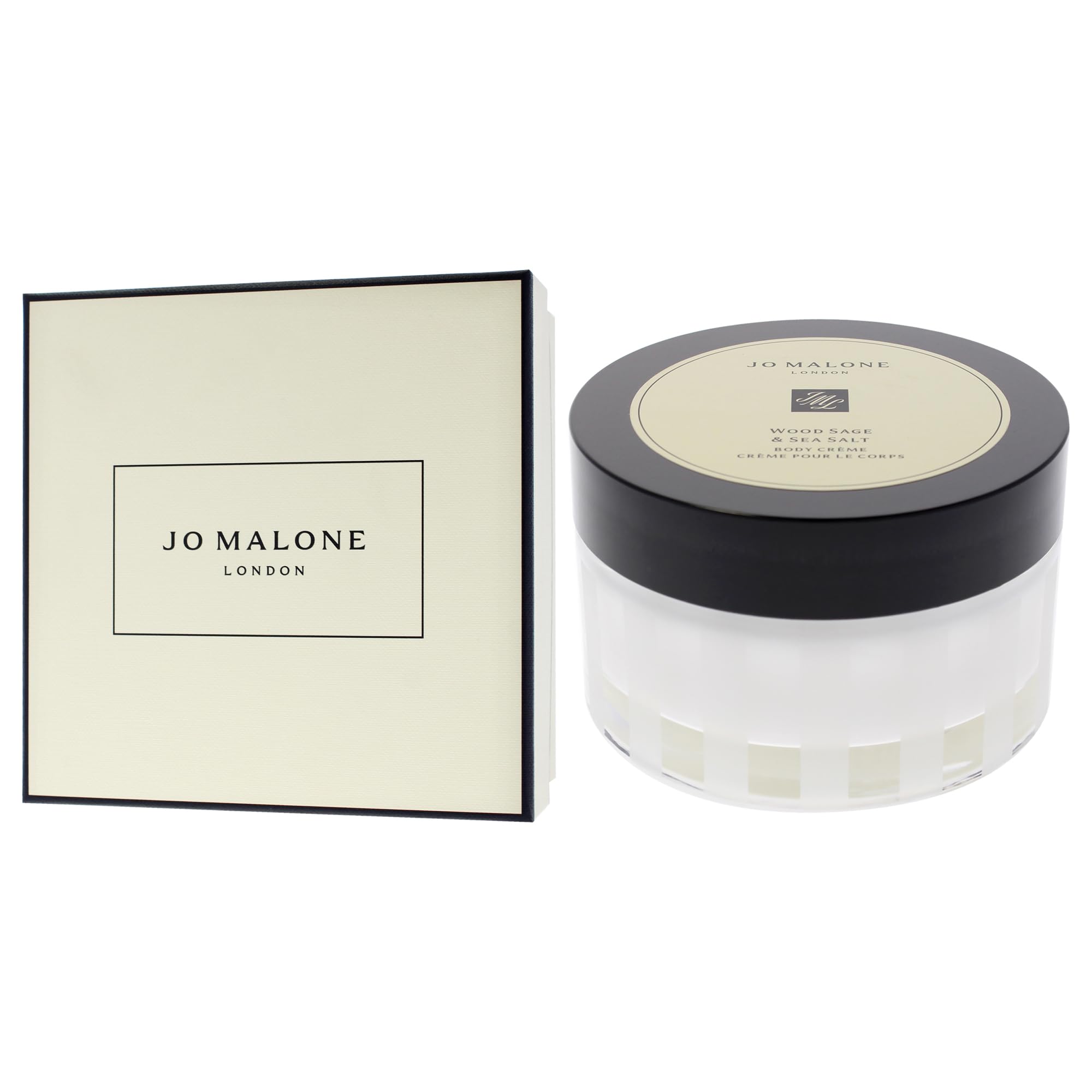 Jo Malone Wood Sage and Sea Salt label detail showcases premium branding and product quality cues.