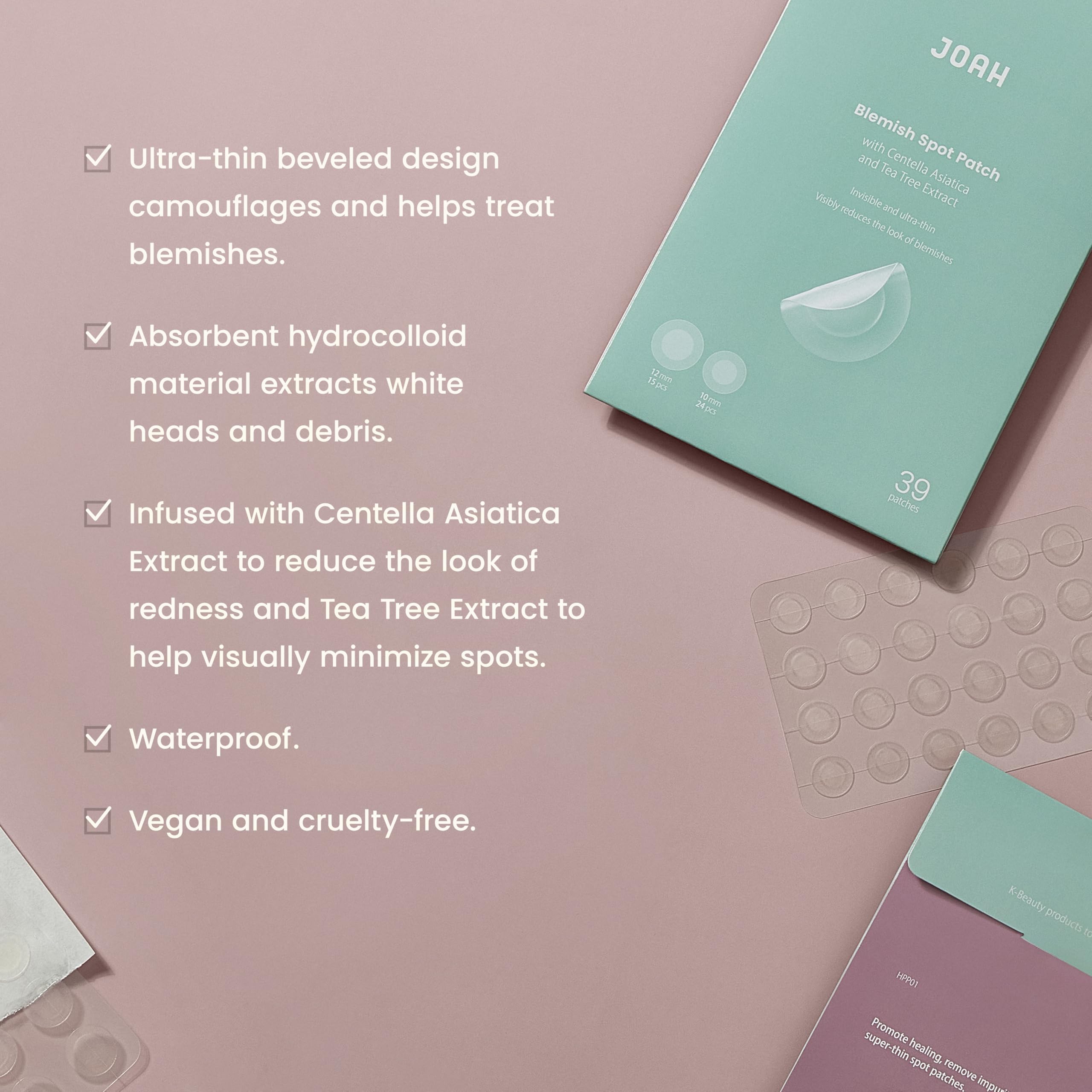 JOAH Heal Me CICA Spot Patch centella-tea-tree close-up highlights calming and swelling-reduction potential.