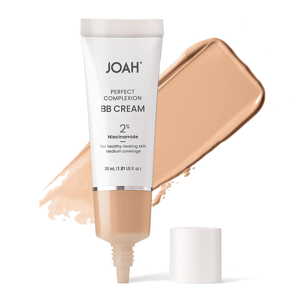 JOAH Perfect Complexion BB Cream tube close-up with tan shade and semi-matte finish.