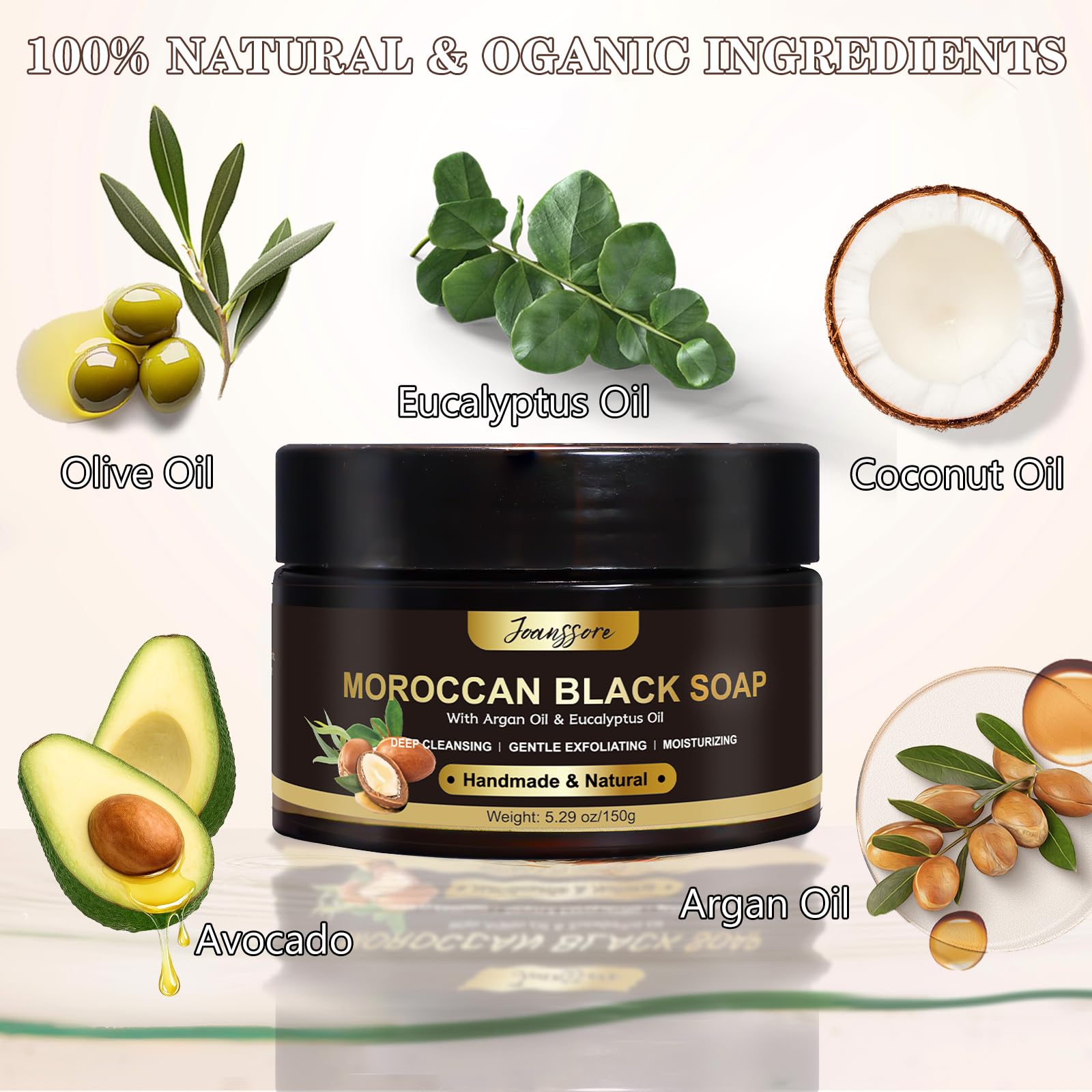 Eucalyptus oil aroma in Joanssore Moroccan Black Soap for refreshing scent and cleansing feel