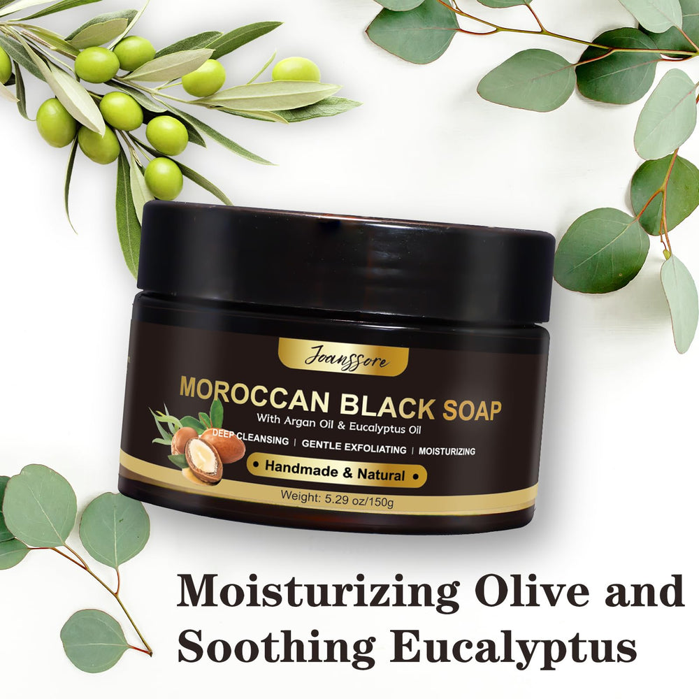 Ingredients closeup on Joanssore Moroccan Black Soap featuring olive, argan, and coconut oils