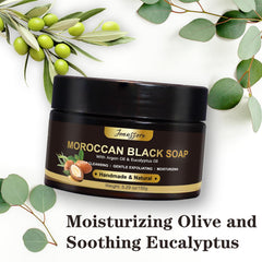 Ingredients closeup on Joanssore Moroccan Black Soap featuring olive, argan, and coconut oils